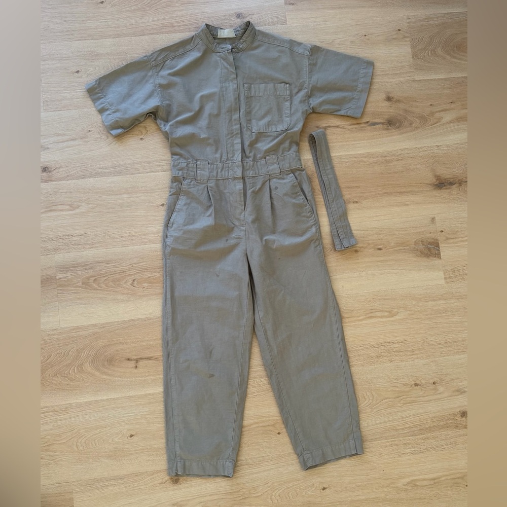 Everlane Short-Sleeve Utility Jumpsuit in Taupe with tie belt